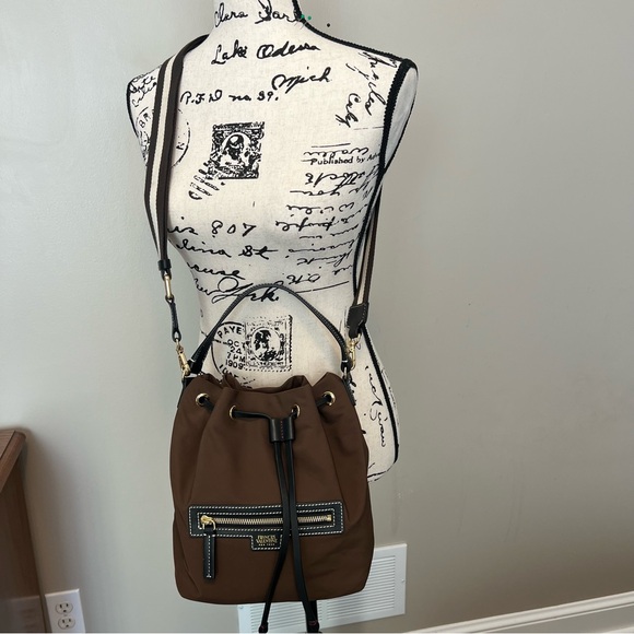 Frances Valentine Brown fabric Black leather trim Drawstring bucket crossbody - Picture 3 of 11